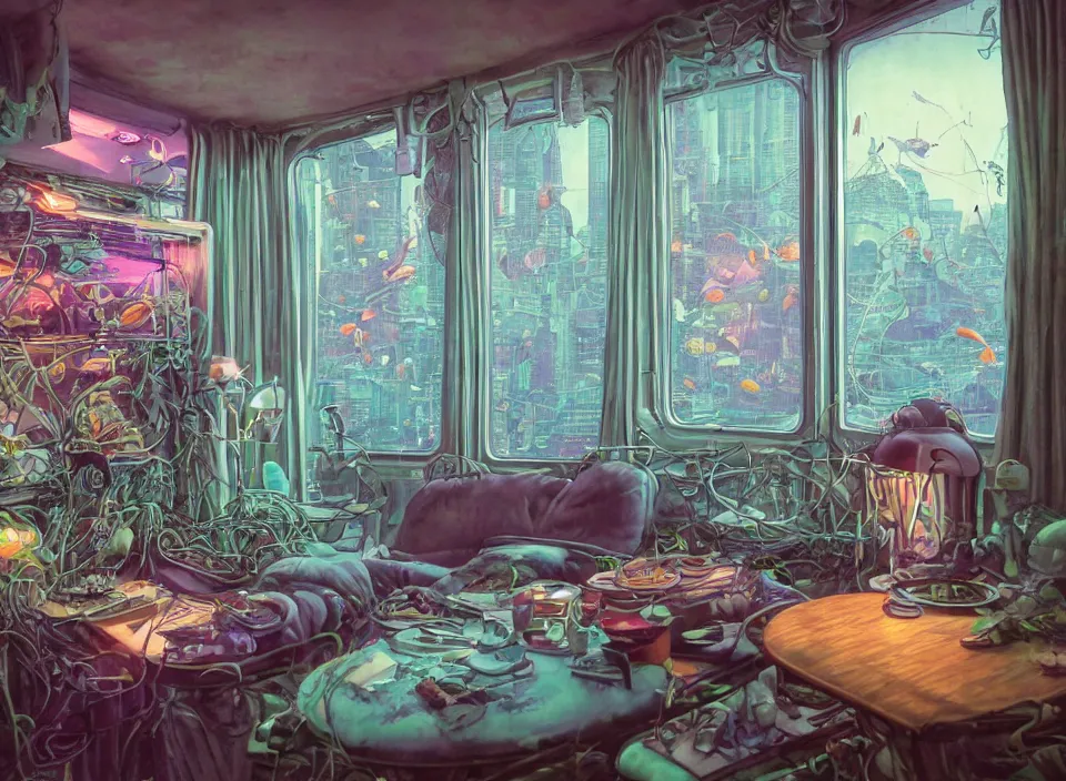 Image similar to telephoto 7 0 mm f / 2. 8 iso 2 0 0 photograph depicting the feeling of chrysalism in a cosy cluttered french sci - fi ( art nouveau ) cyberpunk apartment in a pastel dreamstate art cinema style. ( aquarium, computer screens, window ( city ), leds, lamp, ( ( ( aquarium bed ) ) ) ), ambient light.