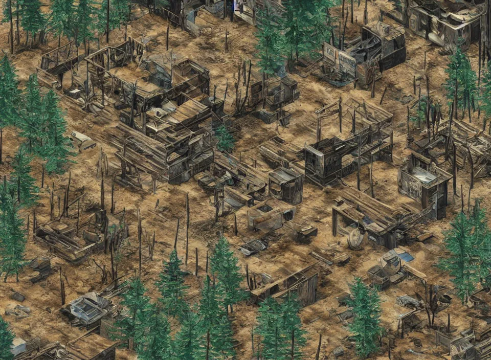 Prompt: Screenshot of the outside of an diseased pine forest in Fallout 2 (1998), isometric perspective, postapocalyptic, bird's eye view, prerendered isometric graphics, high quality