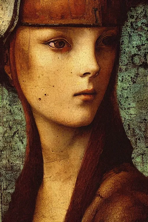 Image similar to a close - up portrait of a cyberpunk cyborg girl, by leonardo davinci, rule of thirds