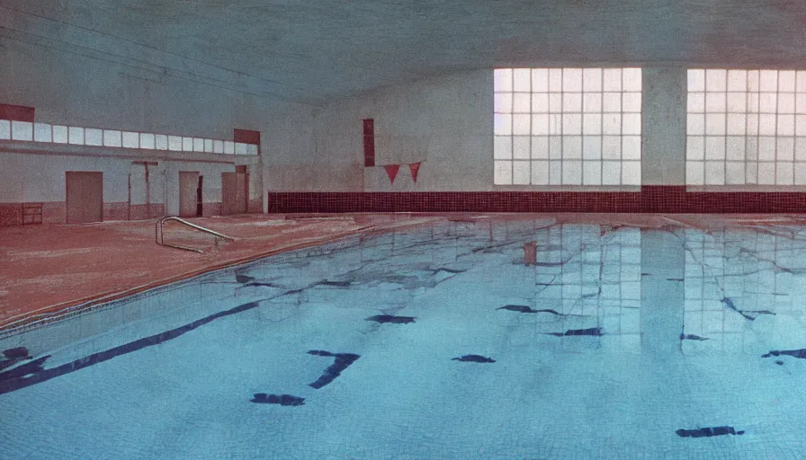 Image similar to 7 0 s movie still of an empty soviet stalinist style swimming pool flooded in water, eastmancolor, heavy grain, high quality, high detail