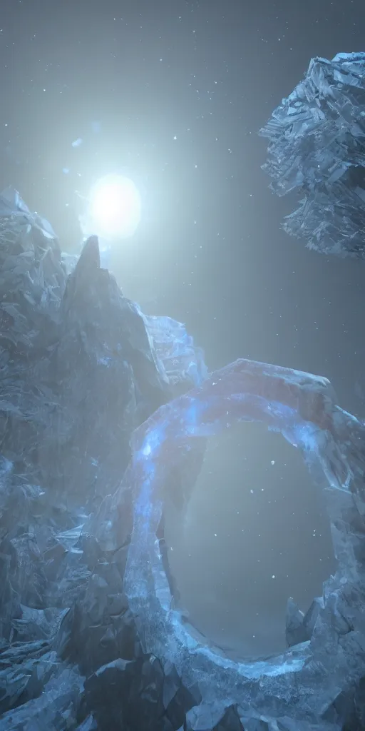 Prompt: interdimensional galaxy portal covered in frost, ice gate, volumetric light, volumetric fog, unreal engine, photorealistic, 8 k