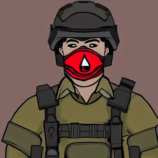 Image similar to A man in tactical gear and a red mask with a grin drawn onto it, cartoon