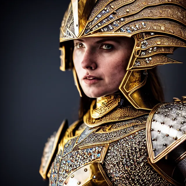 Image similar to full body photo of a beautiful cute strong warrior queen wearing diamond encrusted armour, highly detailed, 8 k, hdr, smooth, sharp focus, high resolution, award - winning photo