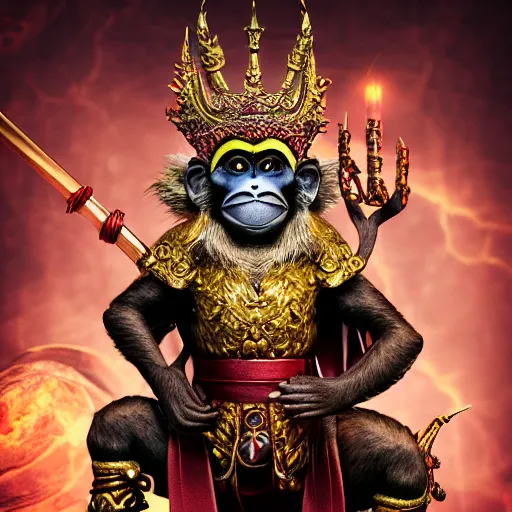 Image similar to monkey king godly lord of monkeys, wearing a crown, holding a staff, sitting in throne, dark lighting, dim lightning, red eyes, gothic dark style, black background, dark room, dusty old ruins 8 k render high detail