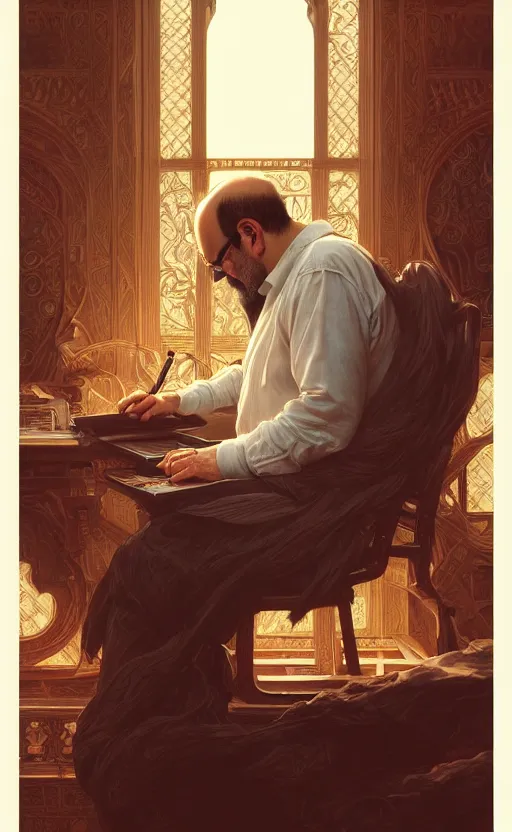 Prompt: portrait of salman rushdie writing, deep focus, d & d, fantasy, intricate, elegant, highly detailed, digital painting, artstation, concept art, matte, sharp focus, illustration, art by artgerm and greg rutkowski and alphonse mucha