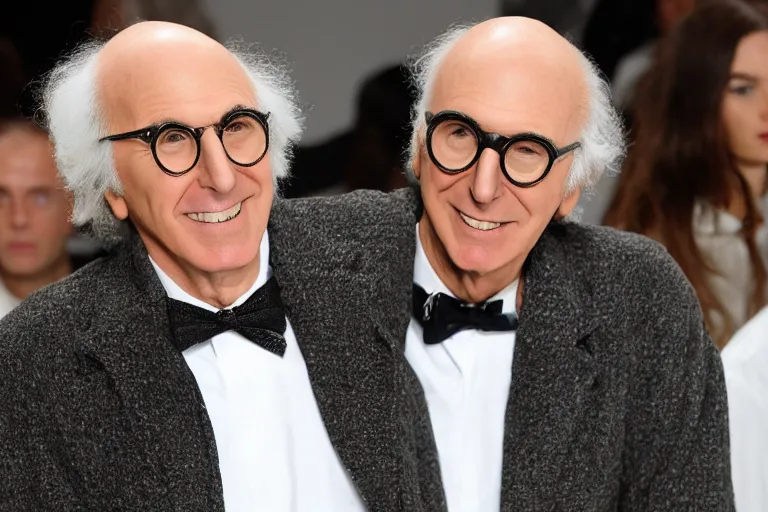 Image similar to Larry David posing on the catwalk fashion show Chanel, fashion week