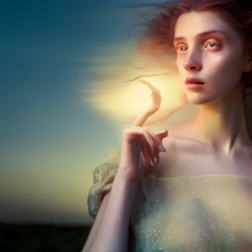 Prompt: photographic portrait of a stunningly beautiful female alchemist with spells in soft dreamy light at sunset, contemporary fashion shoot, by edward robert hughes, annie leibovitz and steve mccurry, david lazar, jimmy nelsson, breathtaking, 8 k resolution, extremely detailed, establishing shot, artistic, hyperrealistic, perfect face, octane render