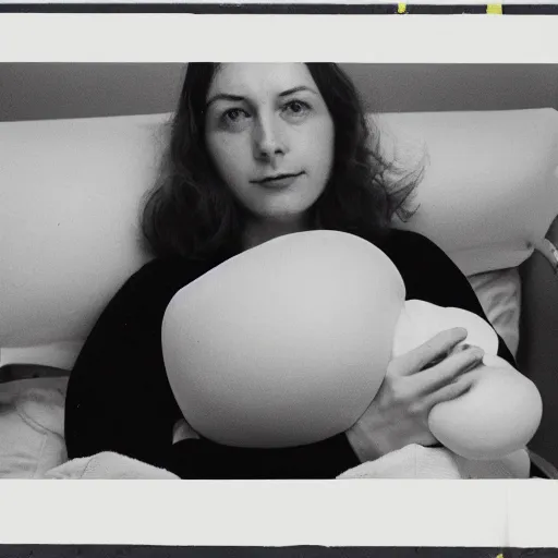 Image similar to woman who has given birth to a squishy inflatable toy, in hospital bed, French film, archival footage, technicolor film expired film, 16mm