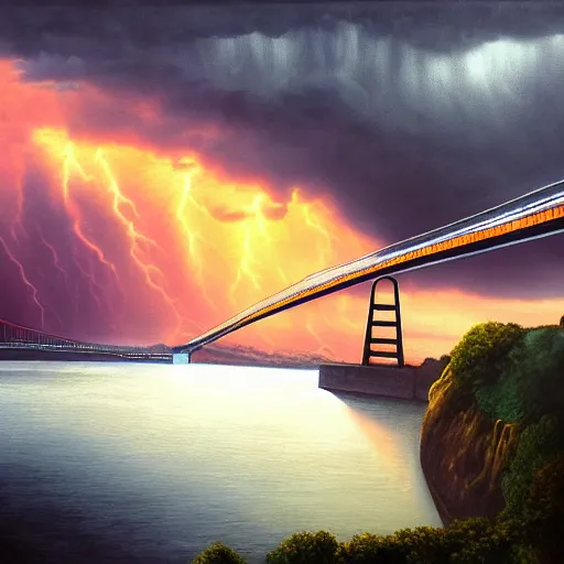 Prompt: a landscape painting of clifton suspension bridge, bristol, united kingdom, sunset, stormy sky, dramatic lighting, epic scene, hyper realistic, highly detailed, photorealistic, by richard estes