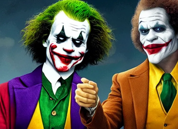 Prompt: film still of Bob Ross as Joke in the new Joker movie, 4k