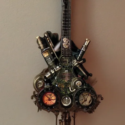 Image similar to photo of an eccentric steampunk electric guitar with ornaments, ultra realistic, vapor tubes, clock, mucha, art deco, art nouveau, neo goth, goth, cyberpunk