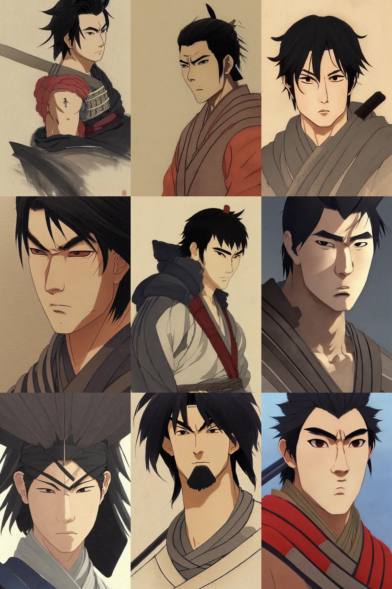 Prompt: face portrait of a handsome and muscular japanese ronin with a square jawline, short messy hair, and wearing a haori, by greg rutkowski makoto shinkai takashi takeuchi studio ghibli, akihiko yoshida, samurai, sharply focused, trending on pixiv, ultra high detail