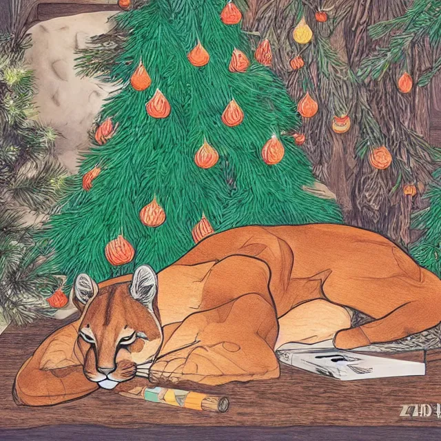 Image similar to magic marker colouring book showing 'a cougar sleeping in the middle of snowy pine tree' laying on coffee table, zoomed out shot, HD,