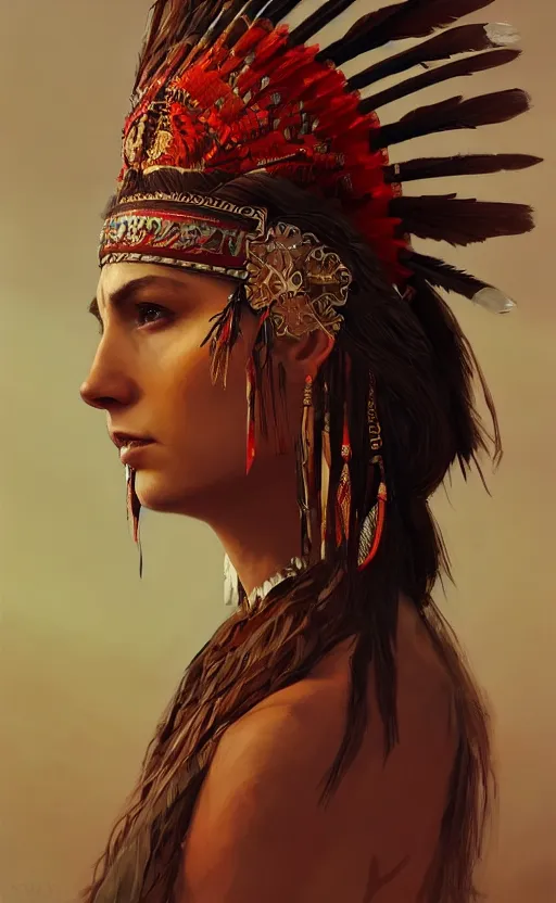 Image similar to gorgeous redskin woman wearing headdress, intricate, elegant, highly detailed, artstation, concept art, smooth, sharp focus, illustration, art by stefan kostic and greg rutkowski