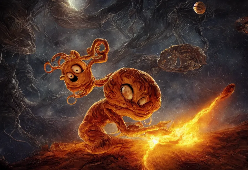 Image similar to eldritch horror bloody garfield in space, hd, 8 k, giant, epic, realistic photo, unreal engine, prophecy, powerful, cinematic lighting, destroyed planet, debris, violent, sinister, ray tracing, dynamic, epic composition, dark, horrific, teeth, grotesque, monochrome drawing, hellscape, corpses, foreboding, lightning, garfield cartoon eyes