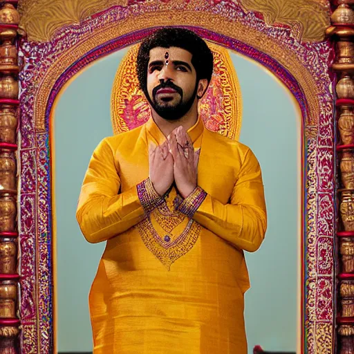 Prompt: drake, hindu temple scene, wearing a silk kurta, flat lighting