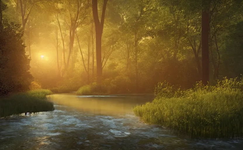 Prompt: a river in the middle of a forest at sunrise, vector art, trending on deviantart, highly detailed, high quality, 8 k, soft lighting, bloom, godrays, complementary colors, octane render, unreal engine 5, path traced, beautiful landscape, serene landscape, fancy colors