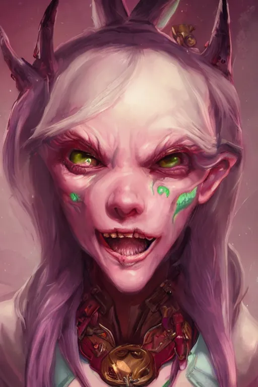 Prompt: a portrait of a cute psychotic fantasy goblin girl by Ross Tran and jeff easley