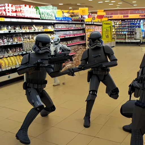 Prompt: Star wars troopers fighting with bananas in a supermarkets fish area, the star wars troopers try shooting and hitting other troopers with bananas, high perspective inside the store, high field of view, 40nm lens, split lighting, 4k,