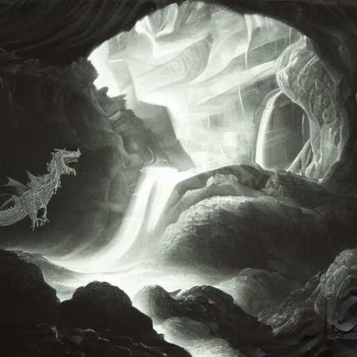 Prompt: oil painting of a dragon with black and white stripes flying in the air near a cave with a waterfall in the center, light emanating from the waterfall leading to a big pool of water, elegant, sharp focus, wide shot, clear, detailed, early renaissance