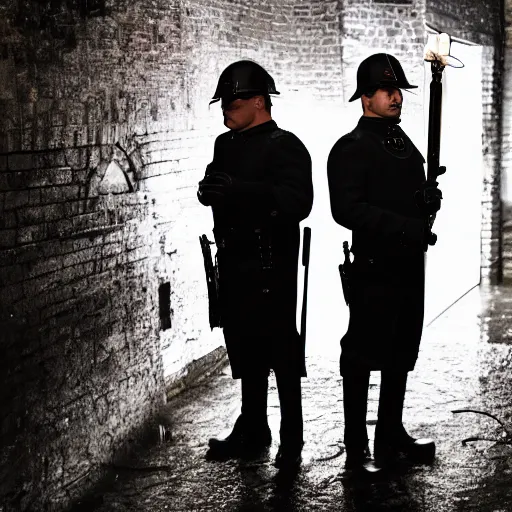 Prompt: photo of three constables, guards, standing in a dark dingy damp alley, oil lamp lighting, medieval, fantasy, dnd, nighttime photograph, trending on artstation