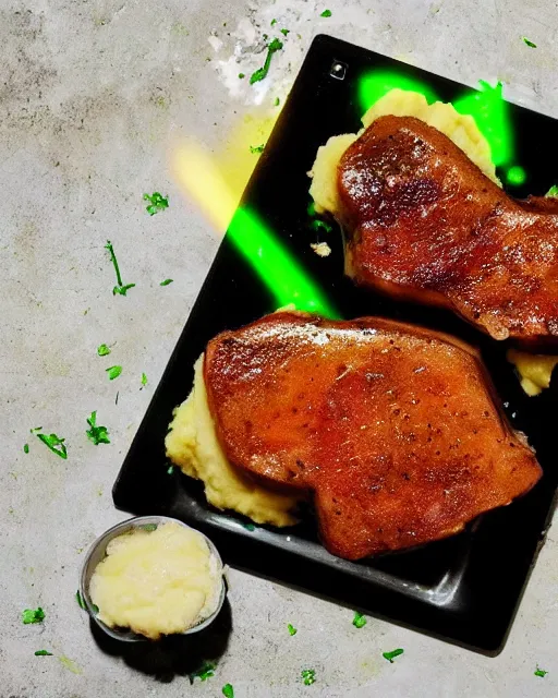 Image similar to green gamer LED porkchops and mashed potatos by razer, HD, trending on artstation, instagram post, lights in food, bright food, LED