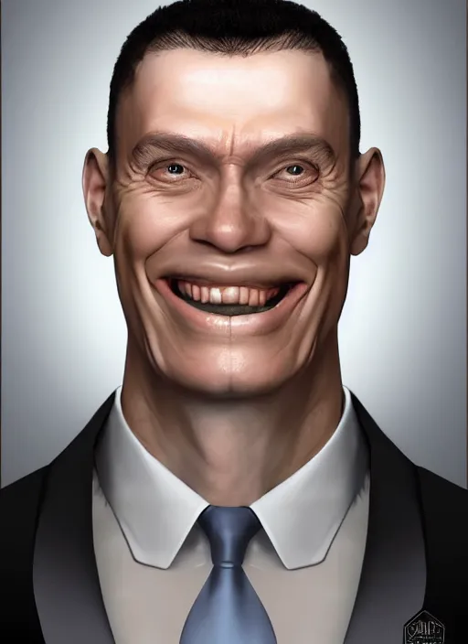 Prompt: a hyper realistic portrait of a smiling male alien in a suit for advertisement, artstation