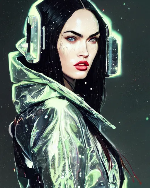 Image similar to detailed side profile portrait Megan Fox, cyberpunk futuristic neon, reflective puffy coat, decorated with traditional Japanese ornaments by Ismail inceoglu dragan bibin hans thoma greg rutkowski Alexandros Pyromallis Nekro Rene Maritte Illustrated, Perfect face, fine details, realistic shaded, fine-face, pretty face