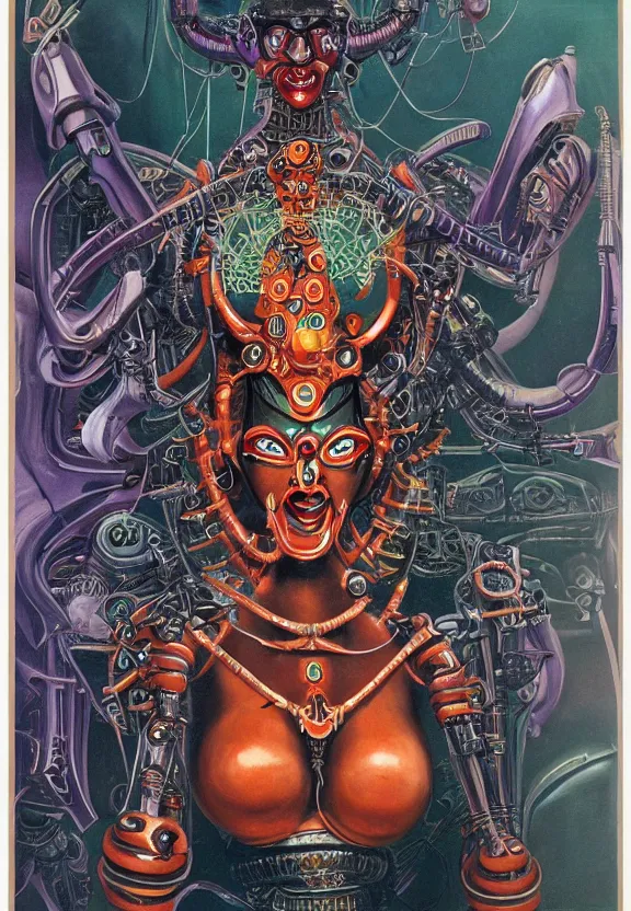 Prompt: biomechanical alien robot goddess kali, female, intense stare, sarcastic smile, symmetrical, concept art, intricate detail, volumetric shadows and lighting, realistic oil painting, 1 9 7 0 psychedelic soviet poster,