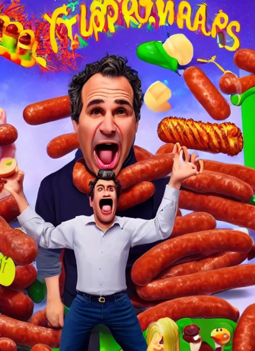 Prompt: hyperrealistic mark ruffalo screaming on a carnival shooting game surrounded by big fat frankfurter sausages with a trippy surrealist mark ruffalo screaming portrait by aardman animation and norman rockwell, mark ruffalo carnival shooting game with hot dogs