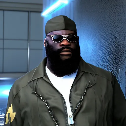 Prompt: Rick Ross as a Metal Gear Solid Villain 2005 JRPG cinema 4d render, Ray tracing reflection, natural lighting, Unreal Engine award winning photography