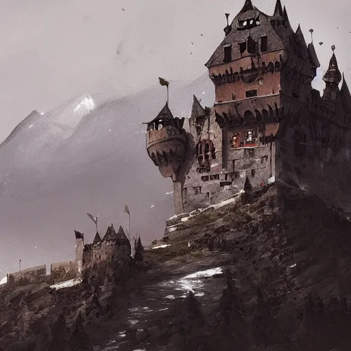 Image similar to large medieval castle on top of a mountain, artstation, jakub rozalski