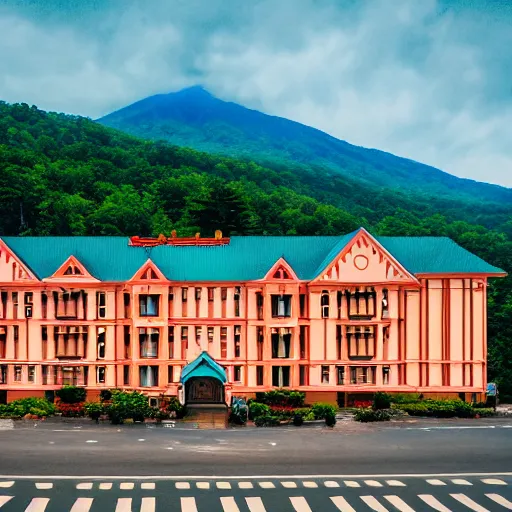 Image similar to Symmetric Wes Anderson film still in the Gatlinburg without people. Establishing shot. Architecture. 8k resolution. Pastel. Sharp. Whimsical. Symmetry. Stunning.