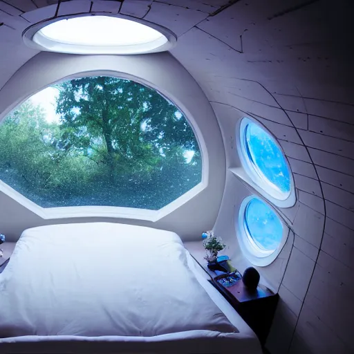 Prompt: wide-angle photograph of a futuristic. dimly candle-lit cozy space station bedroom with windows that have a planet outside in space