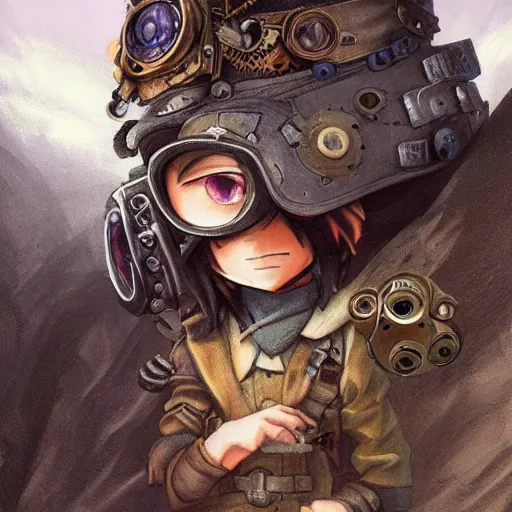 Prompt: a detailed portrait of a made in abyss character with a steampunk mask, by justin gerard and victo ngai, digital art, realistic painting, very detailed, fantasy, dnd, character design, trending on artstation