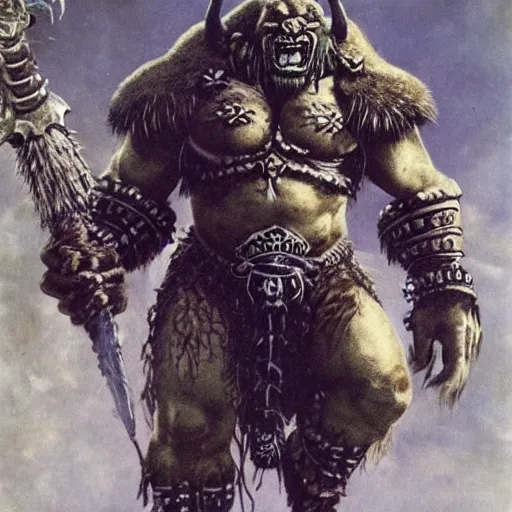 Prompt: warhammer orc feral chieftain, wearing tribal armor, bulky body, ogre head, tusked, beksinski