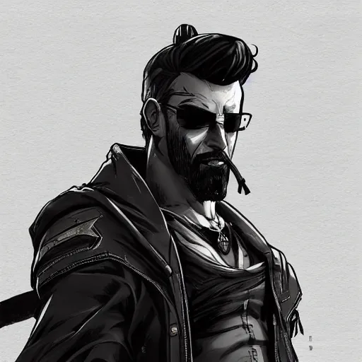 Prompt: concept art character, very high angle view, book cover, very attractive man with beard, walking in cyberpunk valley highly detailed full body, strong masculine features, sturdy body, command presence, royalty, smooth, sharp focus, organic, appealing, book cover, deep shadows, borderlands 3 style, extremely fine inking lines