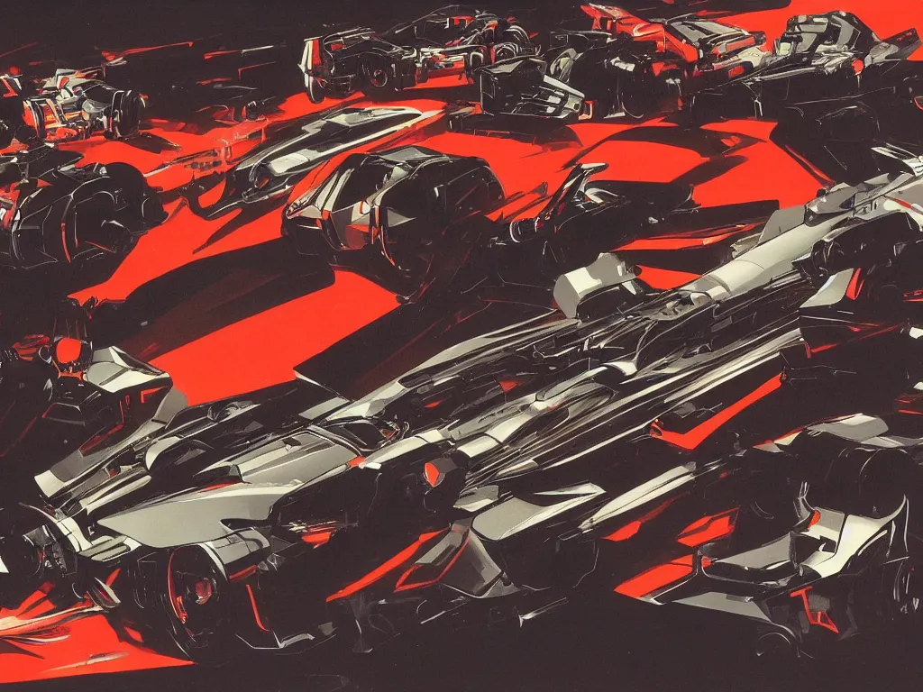 Prompt: Mechbots designed by Ferrari and Lamborghinis in battle in Tokyo at night by syd mead