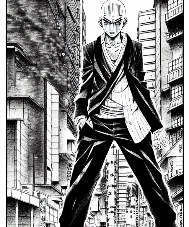 Prompt: A manga cover about a shaved-headed scarred solo yakuza standing on the sidewalk. Sharp high quality manga cover, fine details, straight lines, architecture in the background, masterpiece, art, highly detailed drawing by Hirohiko Araki, Akatsuki Akira, Kentaro Miura