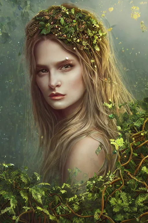 Prompt: elaborately detailed close up portrait of an extremely beautiful girl surrounded by vines, flowers, an eerie mist and ethereal rainbow bubbles, Aetherpunk, high fantasy matte painting, concept art, smooth, sharp focus, atmospheric lighting, highly detailed illustration highlights, backlight, golden ratio, 8K detail post-processing, award winning picture, sense of awe, featured on DeviantArt, fantasy matte painting movie poster, trending on cgsociety, intricate, majestic, dark epic fantasy, highly detailed, cinematic quality character render, ultra high quality model, production quality cinema mode