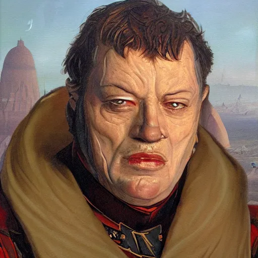 Prompt: an oil painting portrait of the Barron Harkonnen from the novel Dune by Karl Bryullov