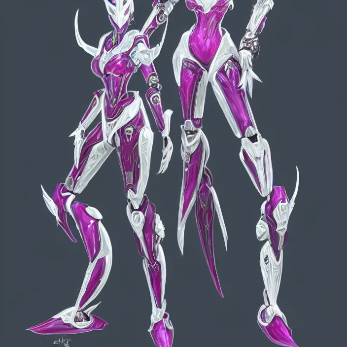 Image similar to highly detailed exquisite fanart, of a beautiful female warframe, but as a stunning anthropomorphic robot female dragon, standing elegantly with hand on hip, shining reflective off-white plated armor, slick elegant design, bright Fuchsia skin, sharp claws, full body shot, epic cinematic shot, realistic, professional digital art, high end digital art, DeviantArt, artstation, Furaffinity, 8k HD render, epic lighting, depth of field