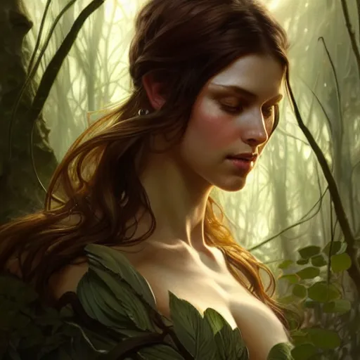 Image similar to alexandra daddarioportrait of forest gog, female, clear face, masculine, upper body, muscular, fantasy, intricate, elegant, highly detailed, digital painting, artstation, concept art, matte, sharp focus, illustration, art by artgerm and greg rutkowski and alphonse mucha