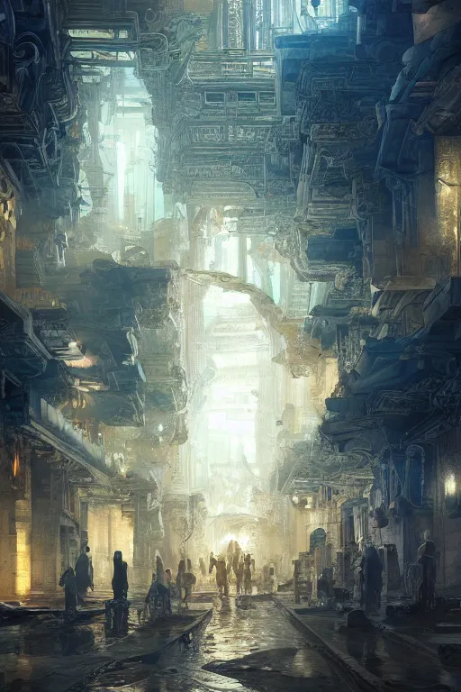 Image similar to inside the street of the city of atlantis, powerfull, intricate, elegant, volumetric lighting, digital painting, highly detailed, artstation, sharp focus, illustration, concept art, ruan jia, steve mccurry