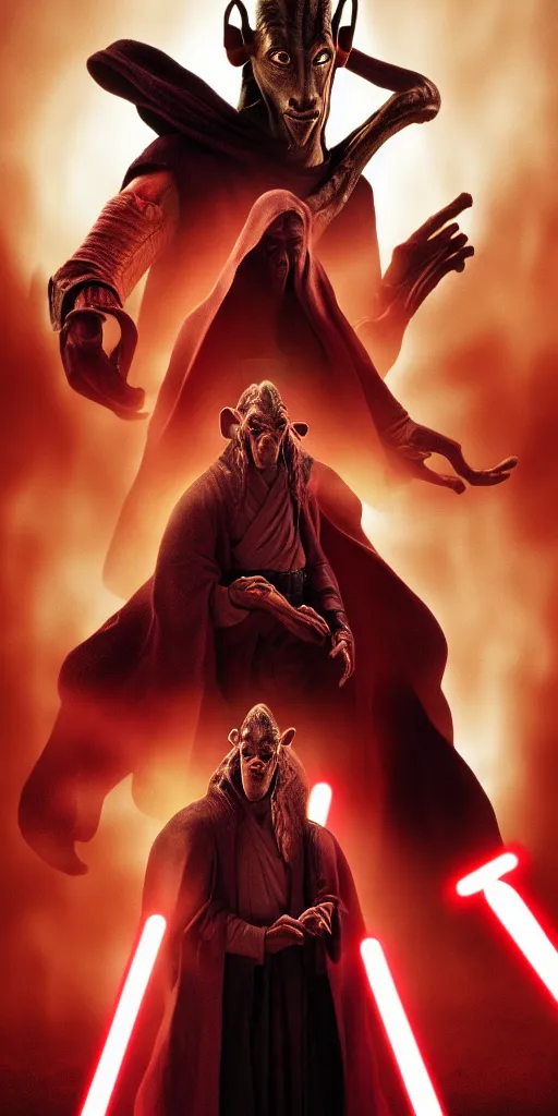 Prompt: a movie poster of jar jar binks who unveils himself as the sith lord the whole time, movie poster, 8 k