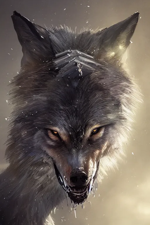 Image similar to a fancy portrait of a zombiefid wolf with crystal teeth by Greg Rutkowski, Sung Choi, Mitchell Mohrhauser, Maciej Kuciara, Johnson Ting, Maxim Verehin, Peter Konig, final fantasy , mythical, 8k photorealistic, cinematic lighting, HD, high details, atmospheric,