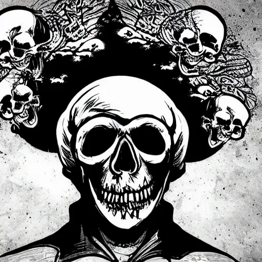 Prompt: a person with a mushroom cloud instead of a head, skull explosion, dark, fine detail heavy metal gritty style