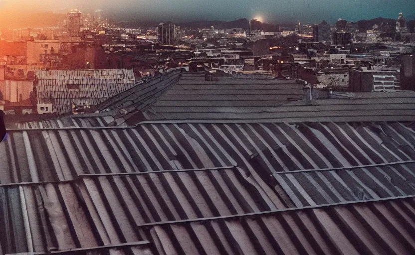 Image similar to sideways landscape photo of person jumping on the roofs, high contrast, moody sunset, late night, blurry photo, sharp focus, digital art, smooth