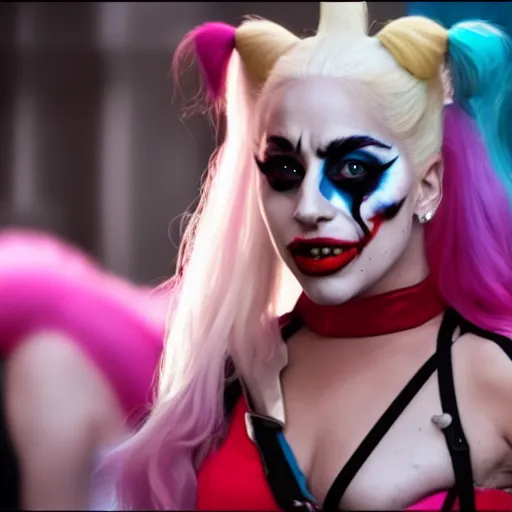 Image similar to Film still of Lady Gaga as Harley Quinn from Joker (2019)