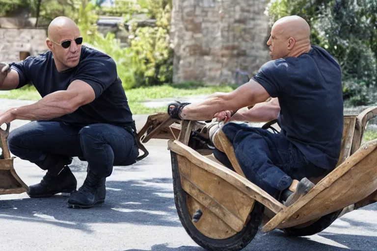 Image similar to Vin Diesel driving a wheelbarrow